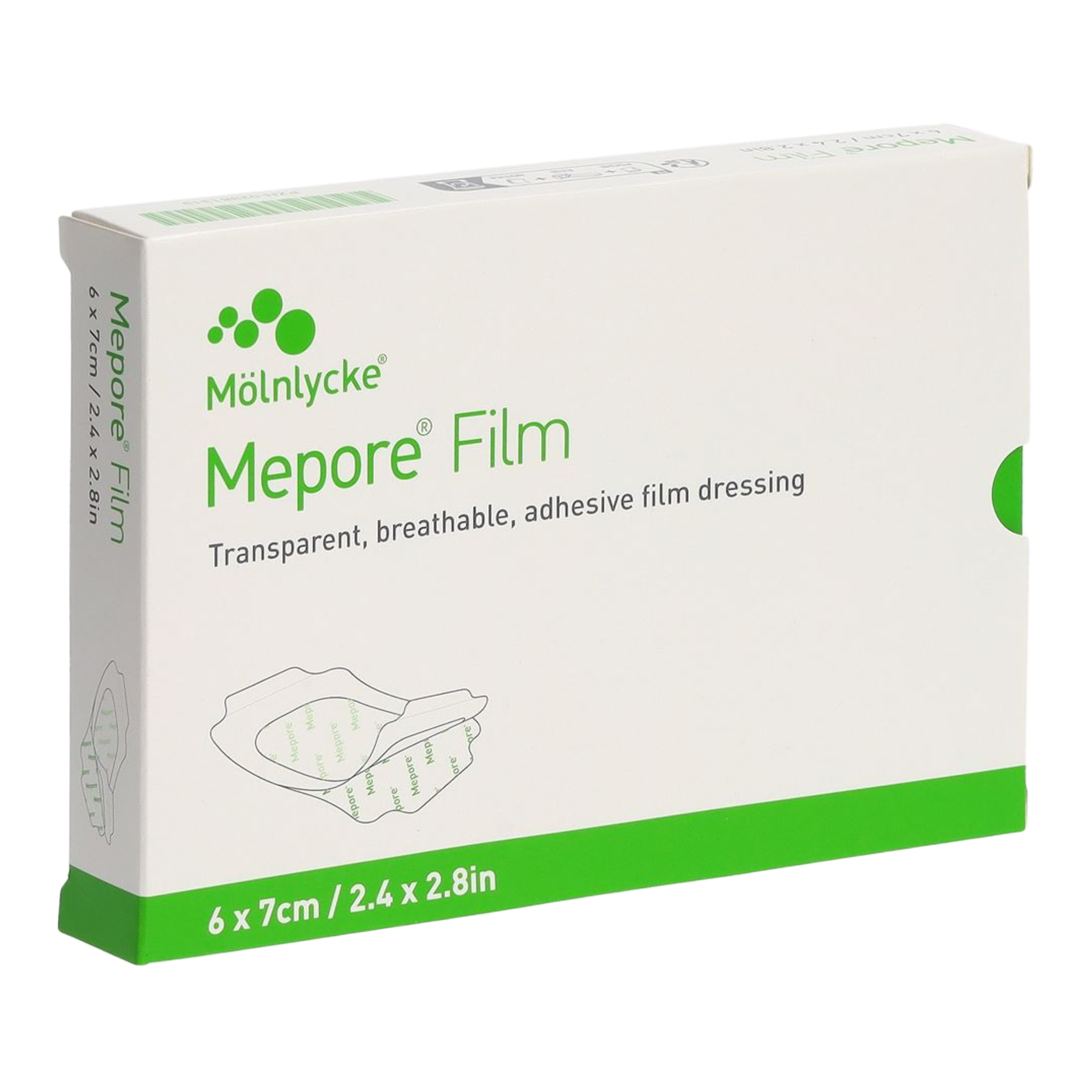 Side view of a white and green box of Mölnlycke Mepore Film transparent adhesive dressing, size 6 x 7 cm.
