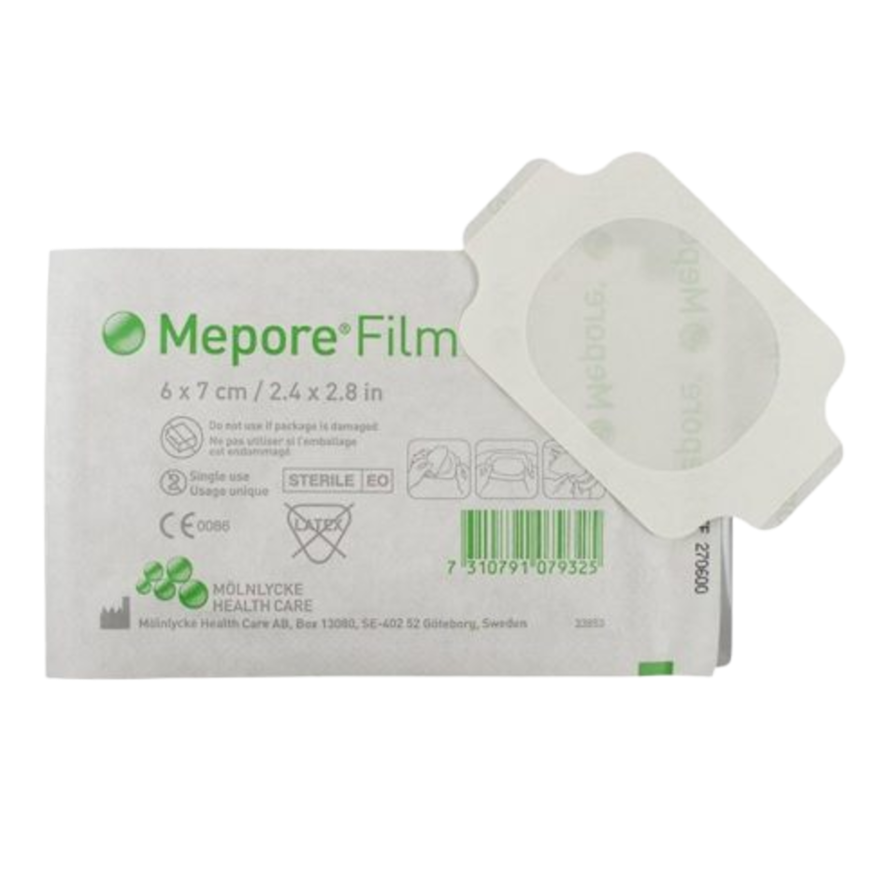 Individual sterile packaging and a transparent Mepore Film dressing, size 6 x 7 cm, showing the application tabs.