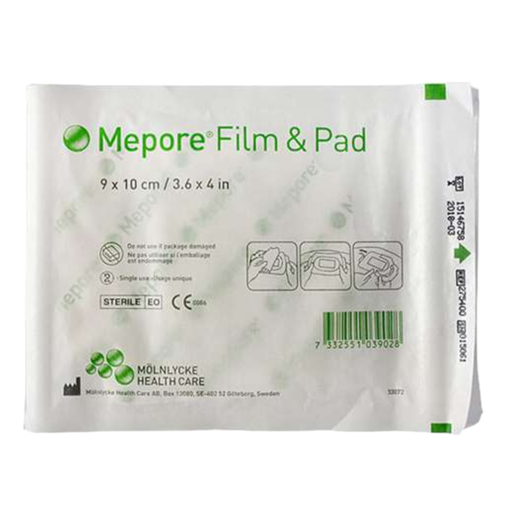 Large sterile paper pouch for Mepore Film & Pad 9 x 10 cm (3.6 x 4 in) adhesive dressing.