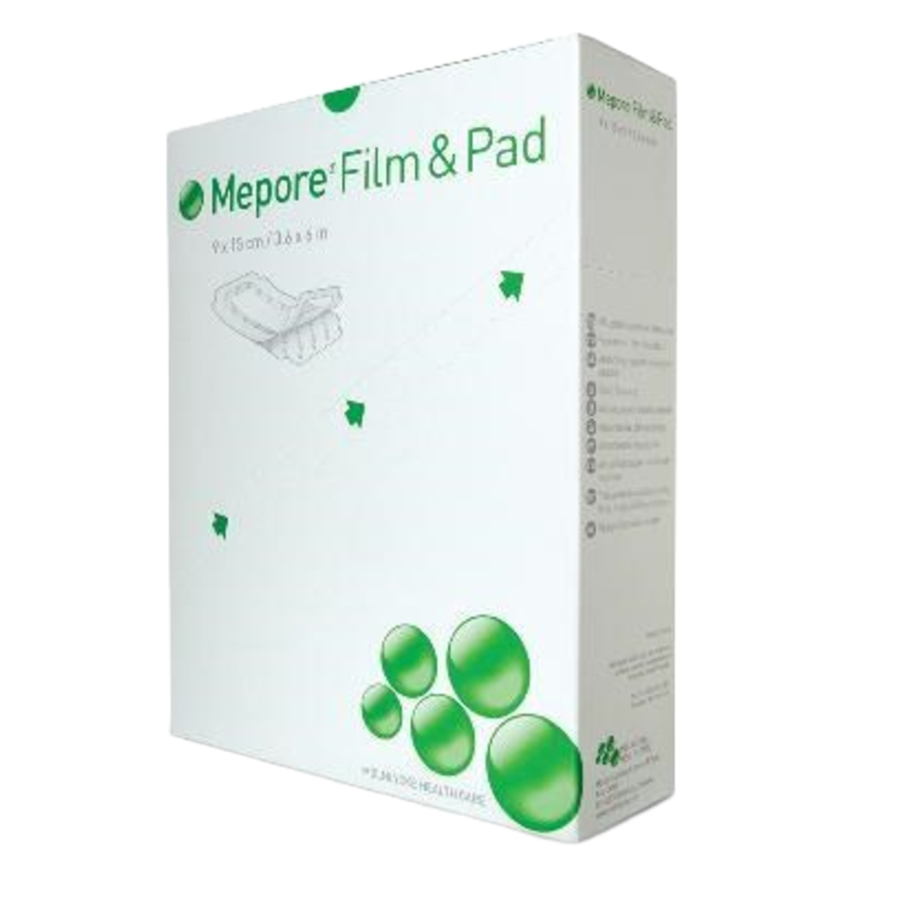 Tall retail box of Mölnlycke Mepore Film & Pad dressings, size 9 x 15 cm (3.6 x 6 in).
