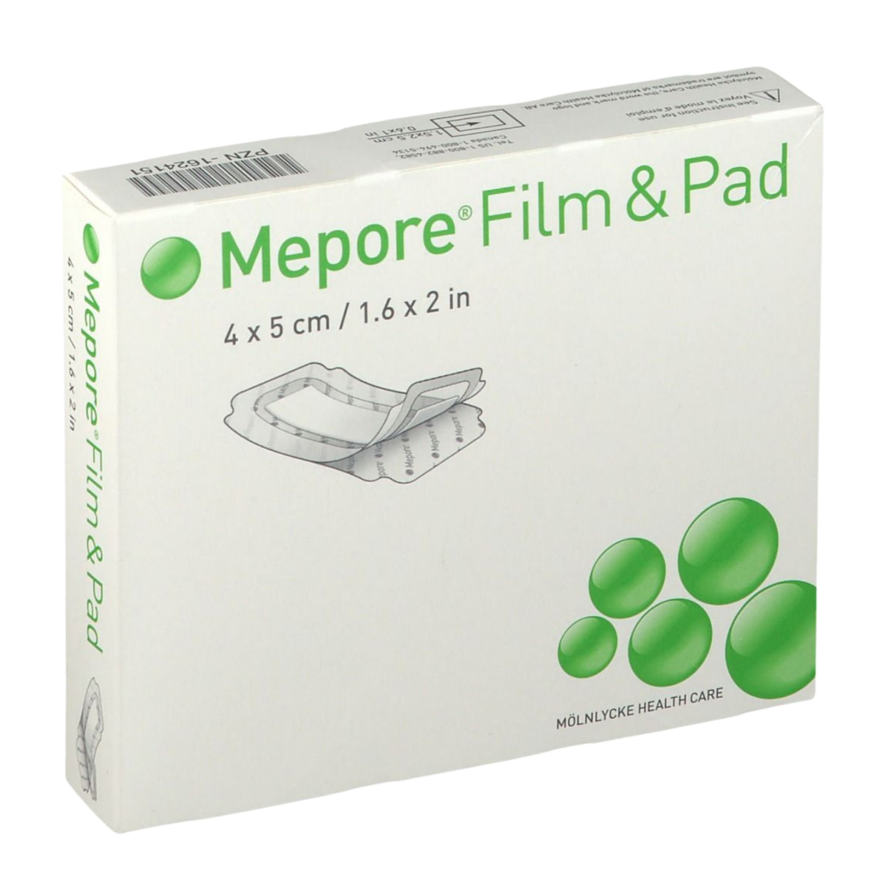 Retail packaging box of Mölnlycke Mepore Film and Pad breathable adhesive dressing, size 4 by 5 cm.