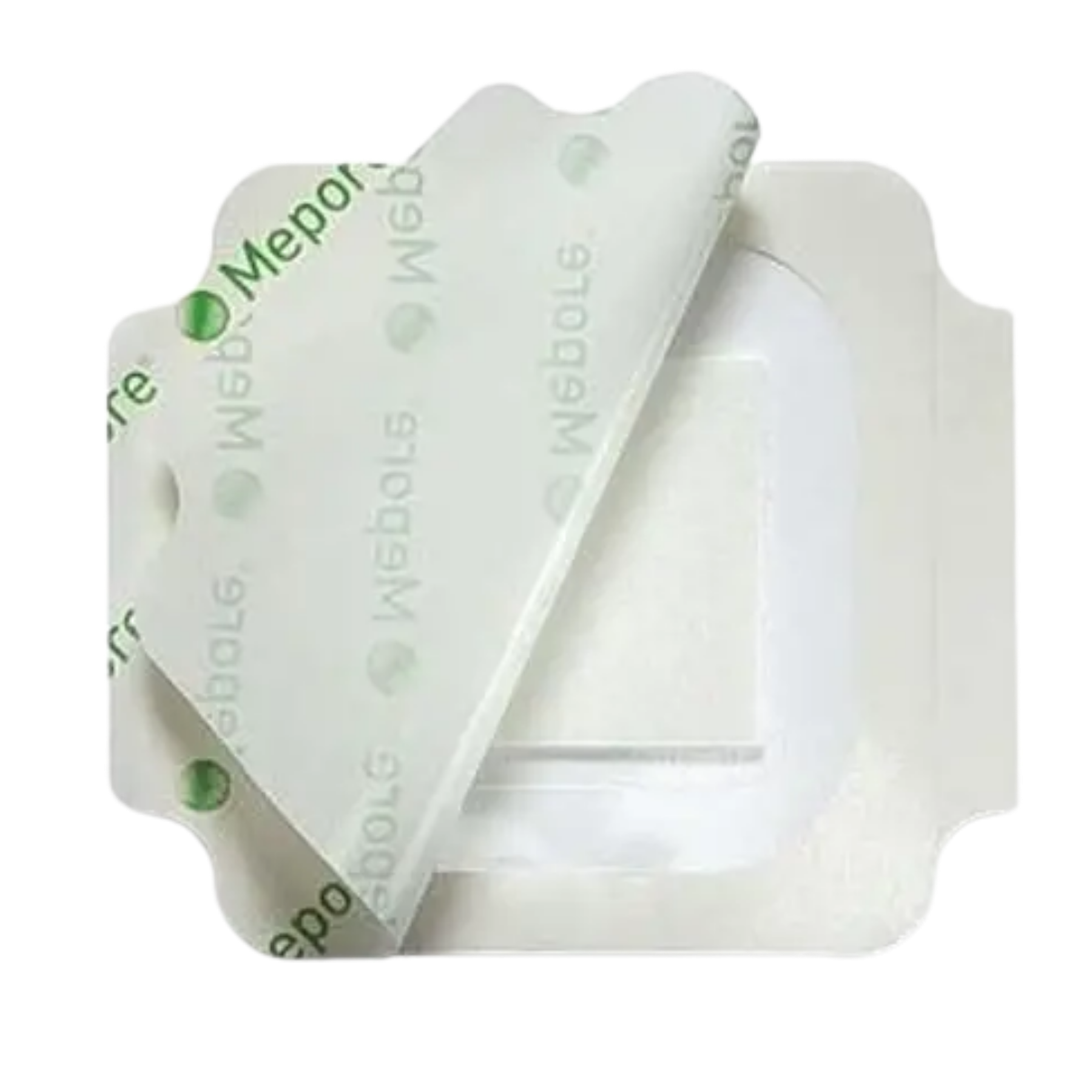Close-up of a Mepore Film and Pad sterile dressing with the protective liner partially peeled back to show the absorbent pad.