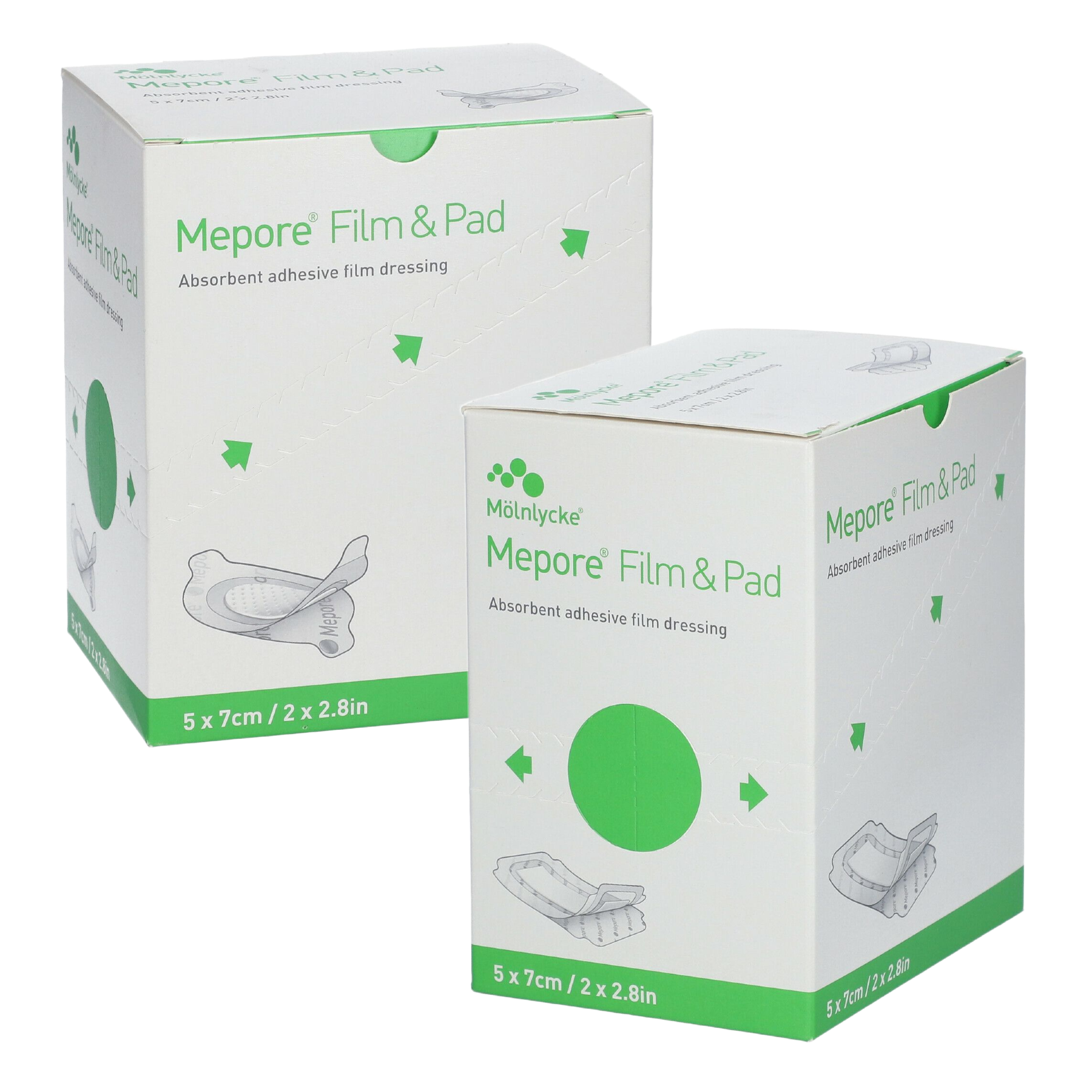 Two boxes of Mepore Film & Pad dressing packaging on a white background