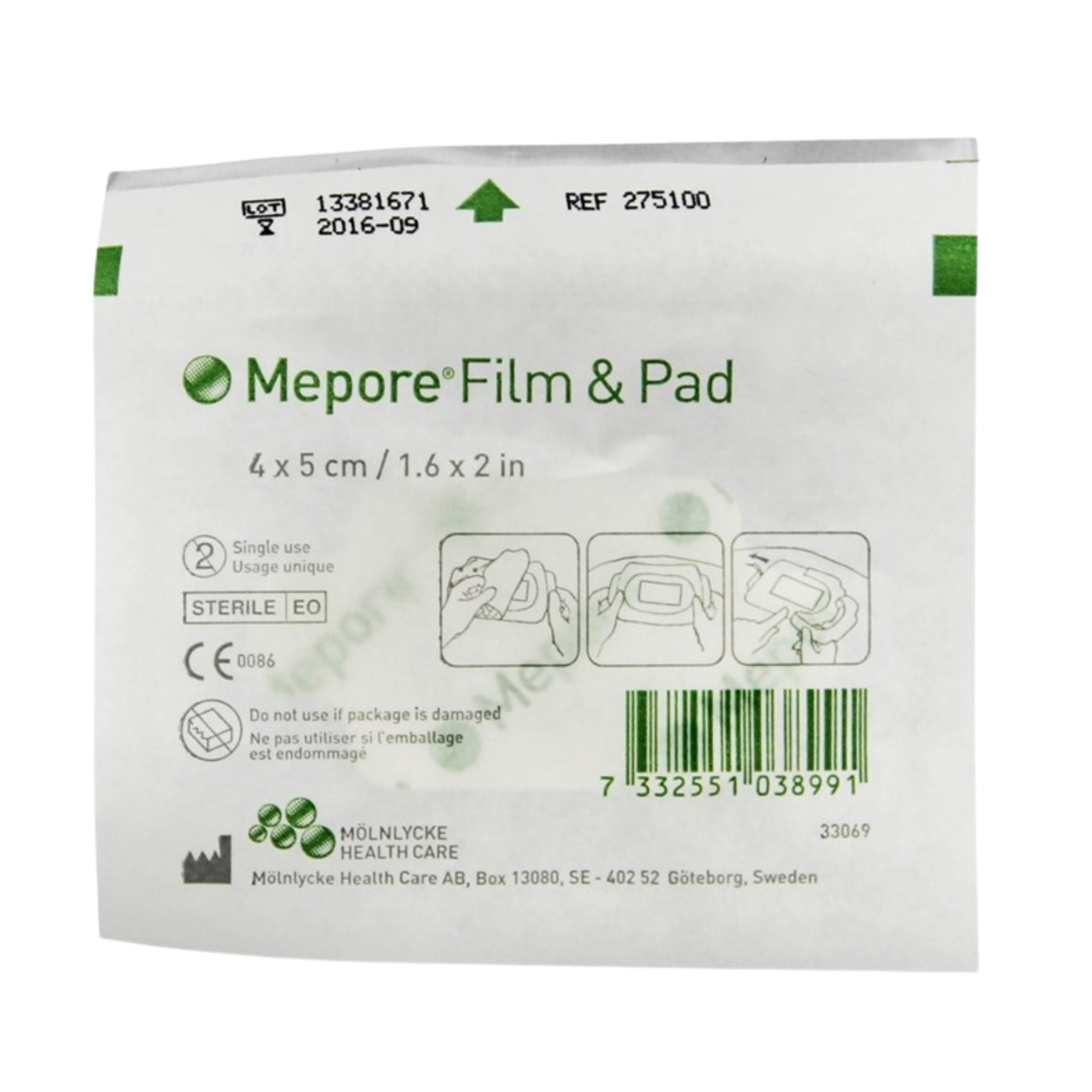 Individual sterile paper pouch for Mepore Film and Pad dressing showing application instructions and manufacturer details.