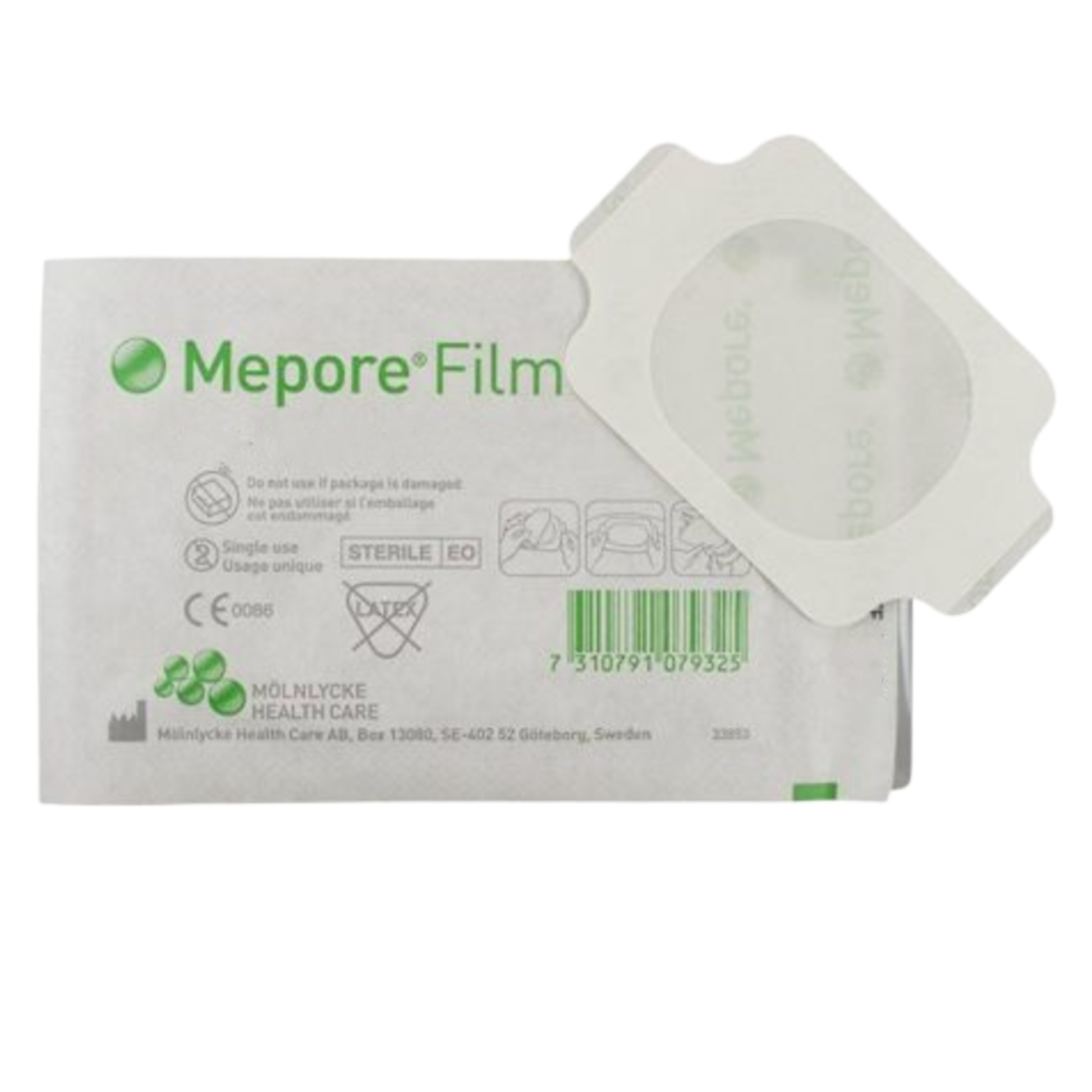 Close-up of an open Mepore Film sterile sachet with a transparent film dressing displayed on top.