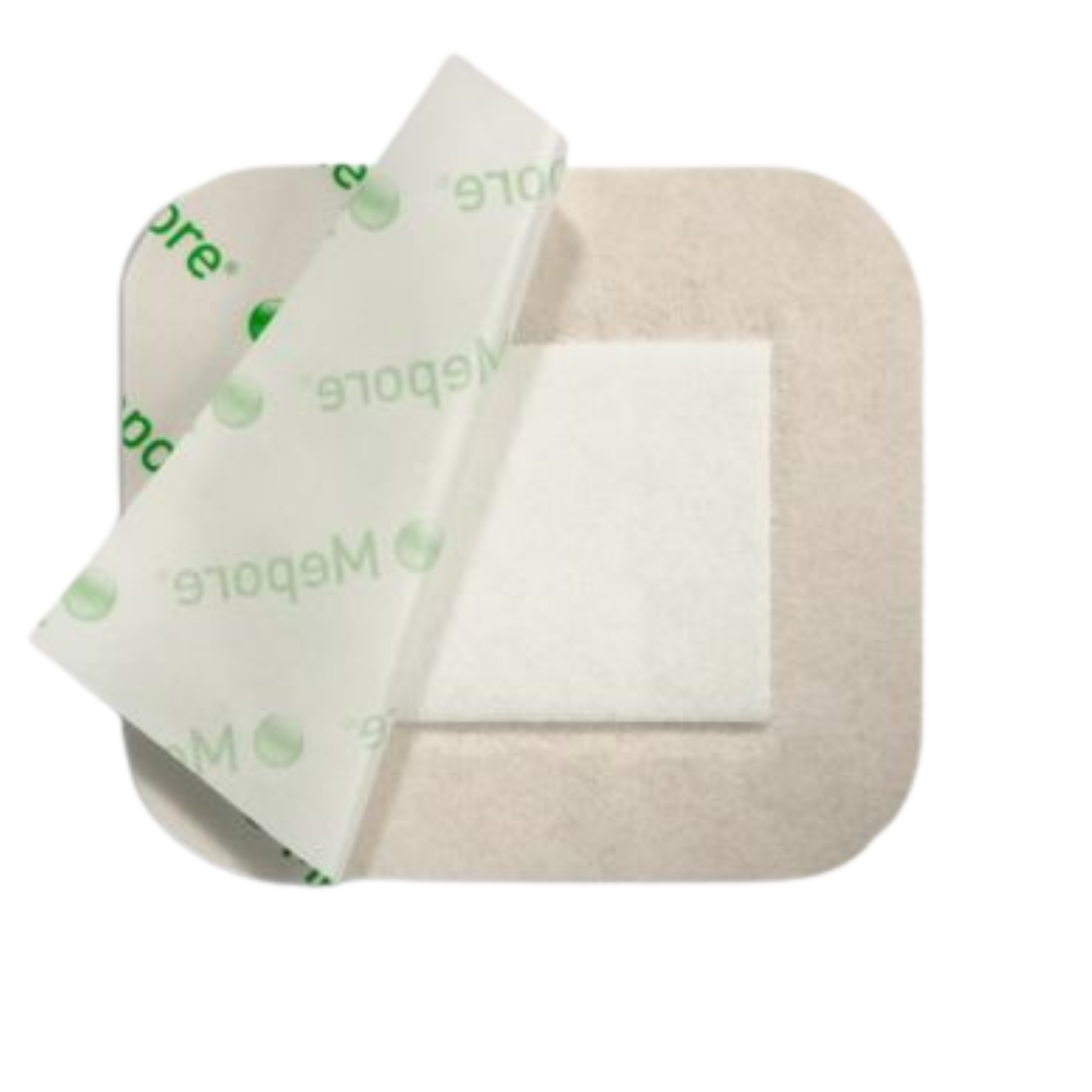 Mepore Pro adhesive absorbent dressing with peel-off backing partially removed, showing white absorbent pad and beige adhesive border.

