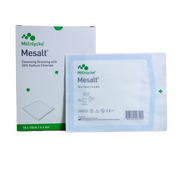Packaging of Mesalt cleansing dressing with 20% sodium chloride, size 10 x 10 cm (4 x 4 in).