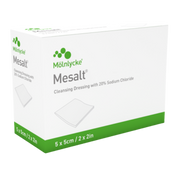 Box of Mesalt sodium chloride cleansing dressing, size 5 x 5 cm (2 x 2 in).