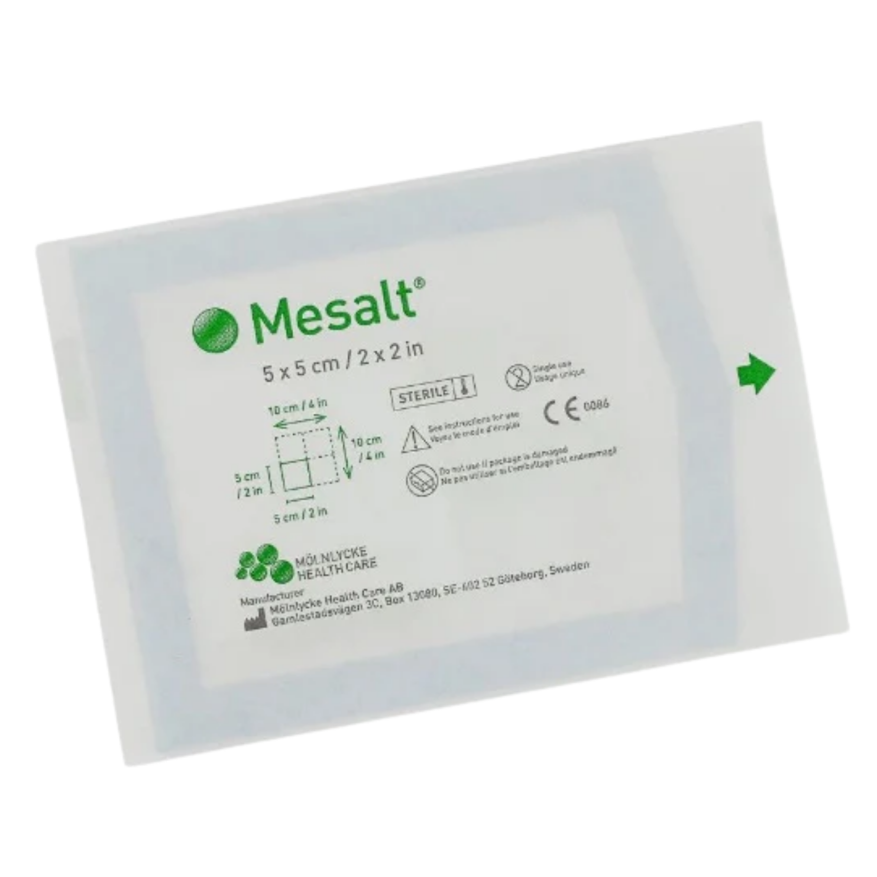Single sterile pouch of Mesalt cleansing dressing, 5 x 5 cm dimension.