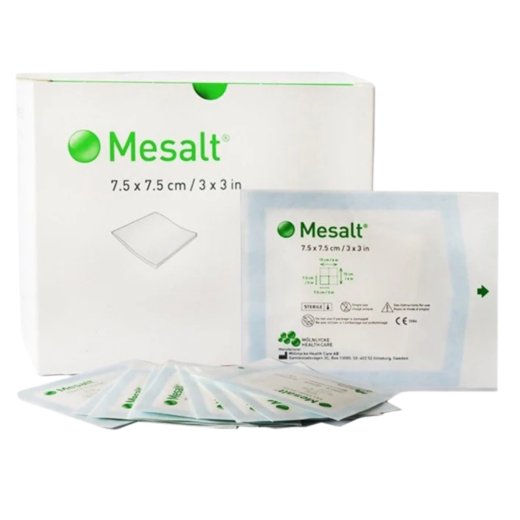 Box and individual sterile pouches of Mesalt cleansing dressing, size 7.5 x 7.5 cm (3 x 3 in).