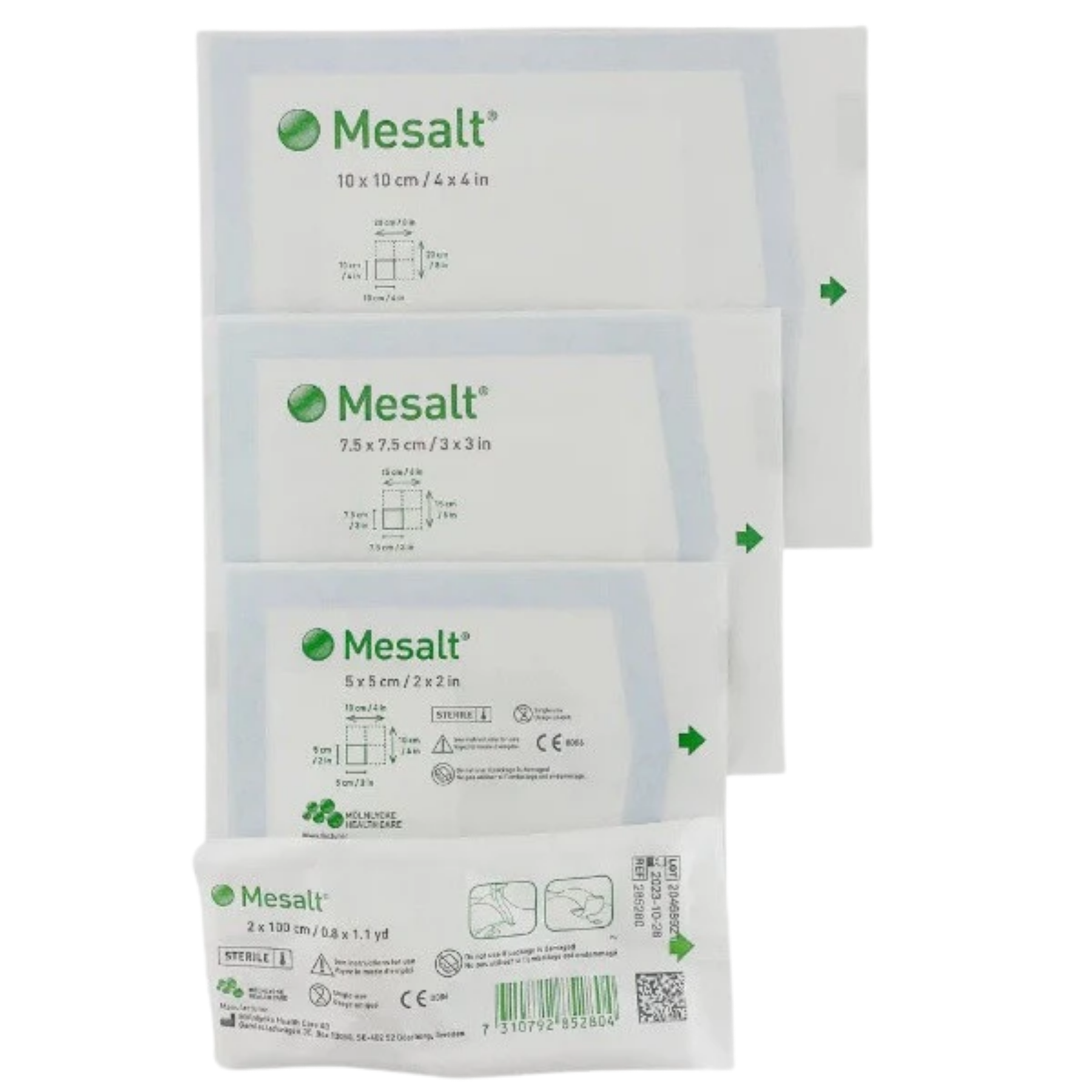 Comparison of different Mesalt dressing sizes including 10x10cm, 7.5x7.5cm, 5x5cm, and 2x100cm ribbon.