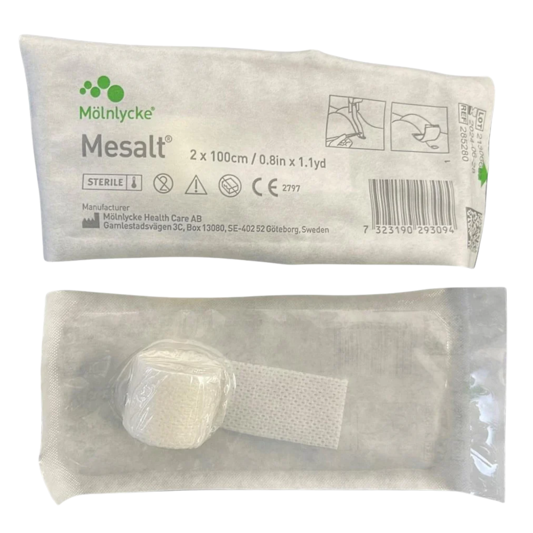 Mesalt ribbon dressing showing the sterile pouch packaging and the rolled gauze texture.