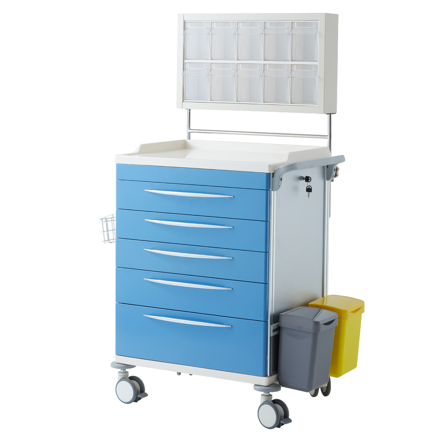 A professional multi-drawer anesthesia trolley with a high-impact work surface, integrated push handle, and secure central locking system for medical supplies.