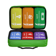 The Modulator First Aid Kit opened to show its organized interior. It contains six individual, color-coded, labeled zipper modules: Yellow (Trauma), Orange (Snake Bite), Green (Cuts & Grazes), Blue (Eye Wound), Red (Burns), and Purple (Dressing & Bandage).