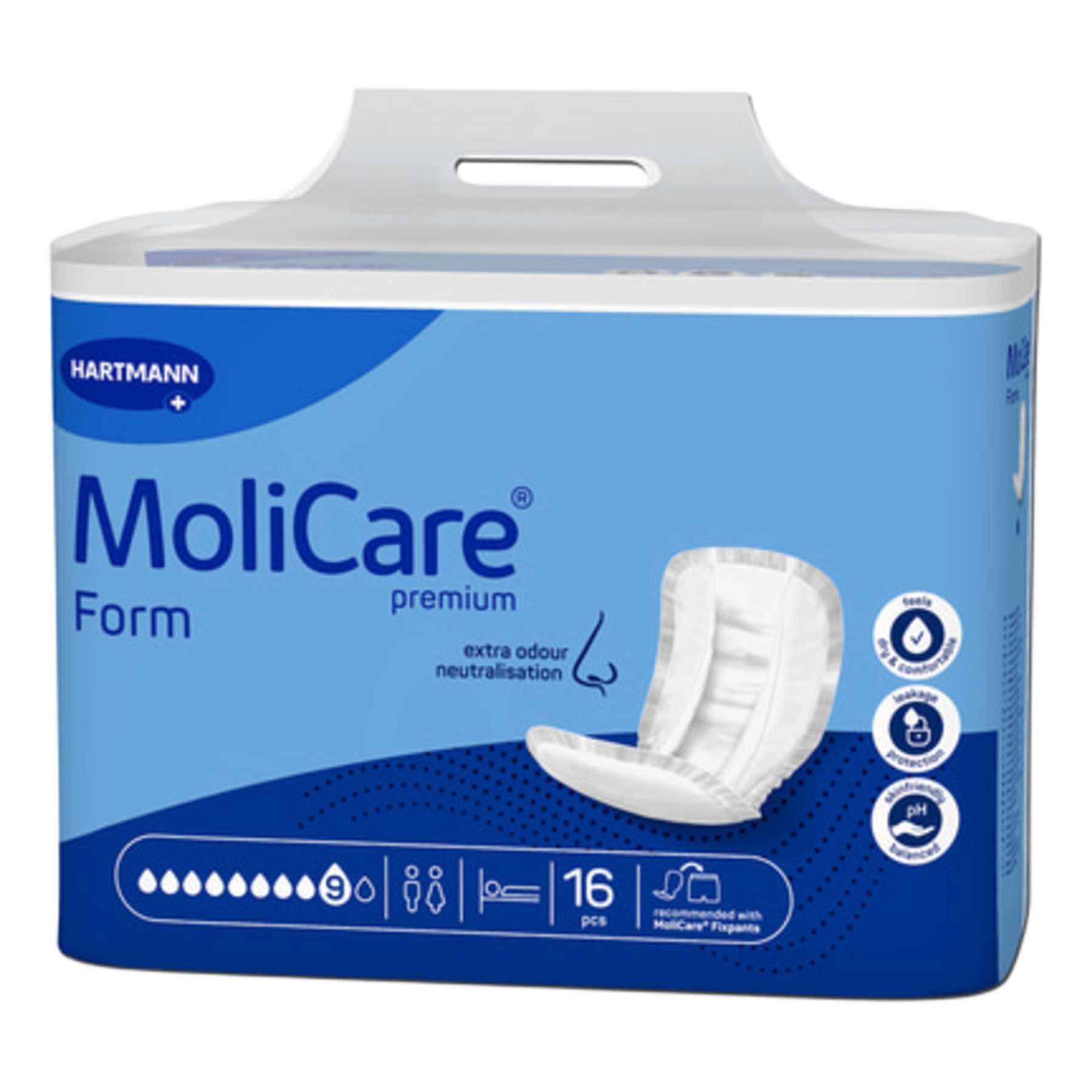 Front view of the blue Hartmann MoliCare Form Premium packaging, indicating a 9-drop absorbency level and a 16-piece pack count.