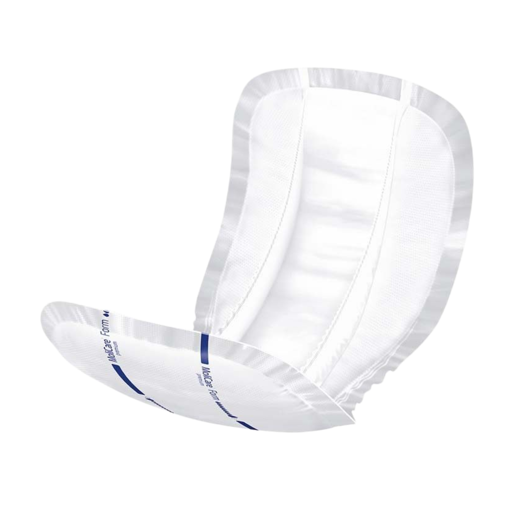 Close-up of an individual MoliCare Form Premium pad showing its anatomical shape, elasticated inner cuffs, and blue wetness indicator lines.