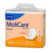 Packaging for MoliCare Form Premium 4-drop pads showing icons for odour neutralisation, leakage protection, and pH balance, indicating it is suitable for both men and women.