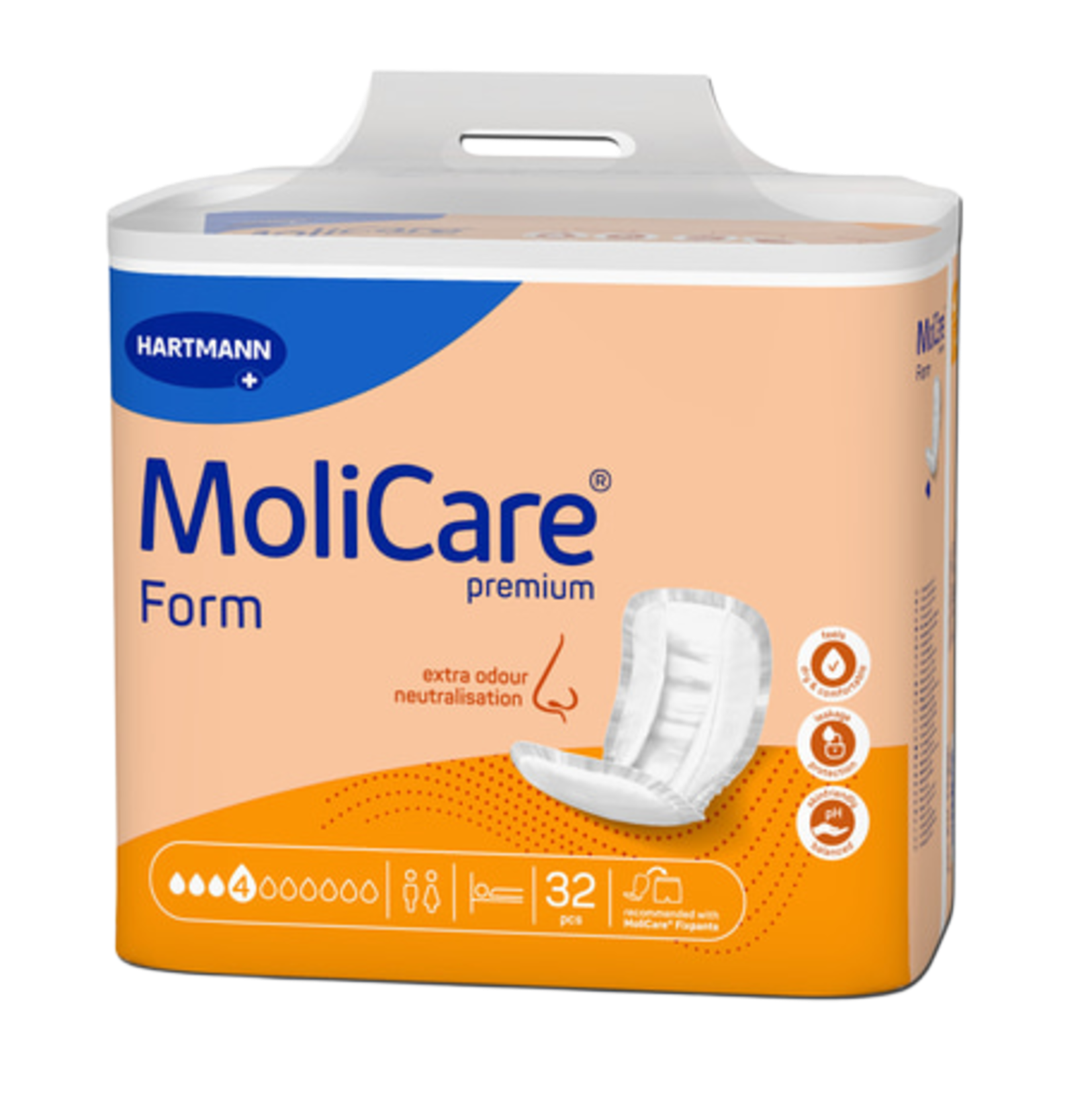Packaging for MoliCare Form Premium 4-drop pads showing icons for odour neutralisation, leakage protection, and pH balance, indicating it is suitable for both men and women.