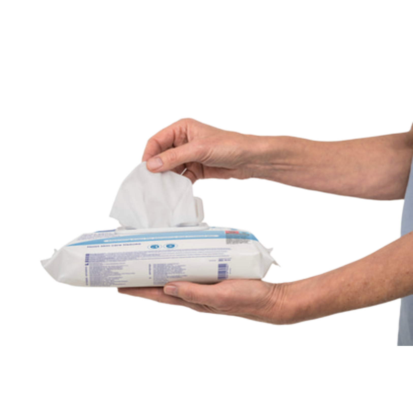 A person’s hands holding a pack of MoliCare moist skin care tissues while pulling a single white wipe out of the plastic dispensing lid.