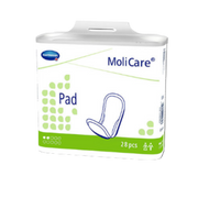 Front packaging of MoliCare Pad 2 Drops (Unisex), a 28-pack of anatomical pads for light bladder weakness with 321ml absorbency.