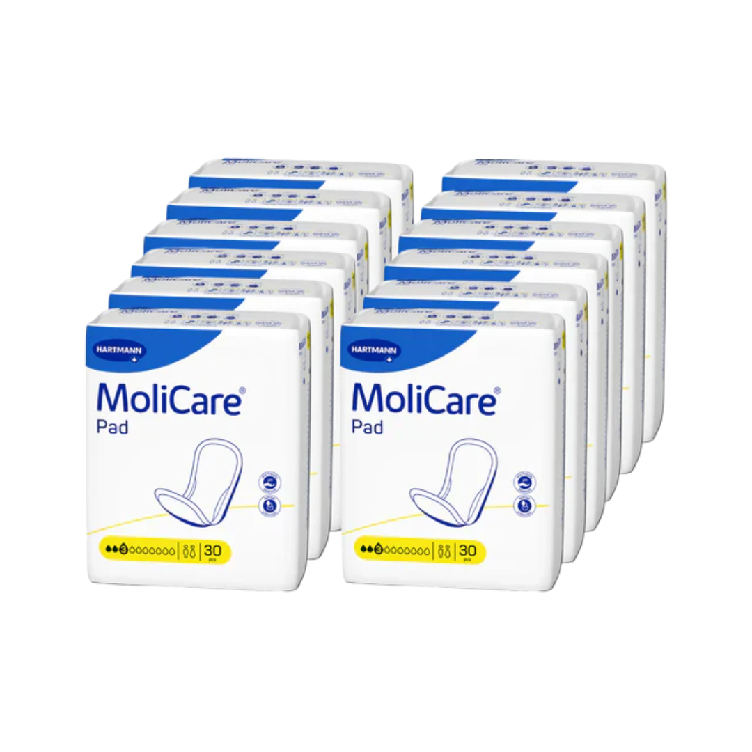 Bulk pack of MoliCare Pads, 6 packs of 30 pieces each, offering reliable and discreet protection for moderate incontinence.
