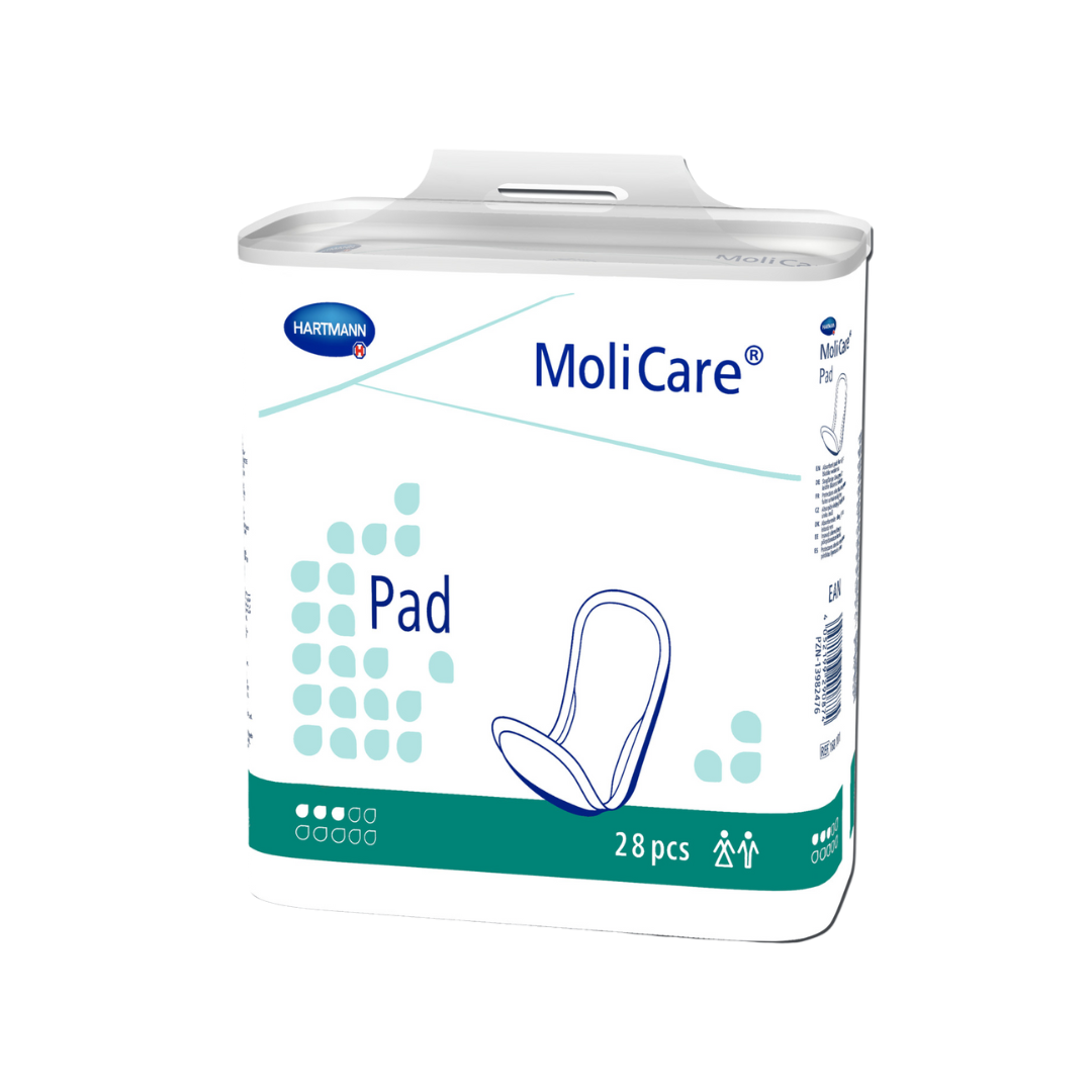 Angled view of MoliCare Pad packaging, showing the Hartmann logo, product name, and illustration of the pad. Pack contains 28 pieces for reliable incontinence care.

