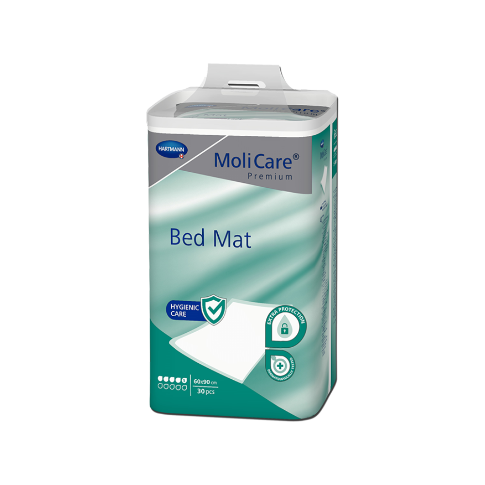 Front packaging of MoliCare Premium Bed Mat 5 Drops (60x90 cm), a 30-pack of disposable underpads for high-level surface protection.