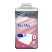 Front view of MoliCare Premium Bed Mat packaging, 60x90 cm, 25 pieces, highlighting hygienic care and extra protection features.