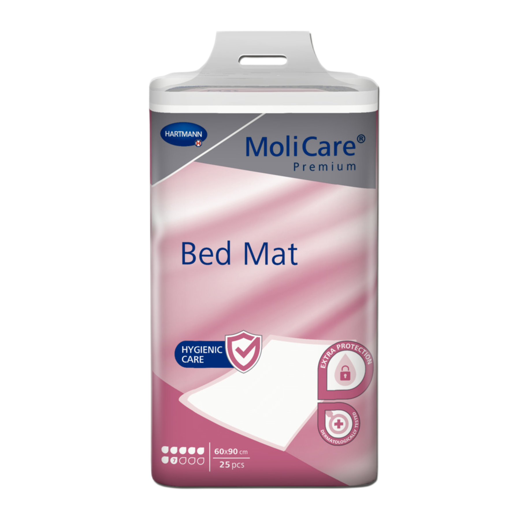 Front view of MoliCare Premium Bed Mat packaging, 60x90 cm, 25 pieces, highlighting hygienic care and extra protection features.