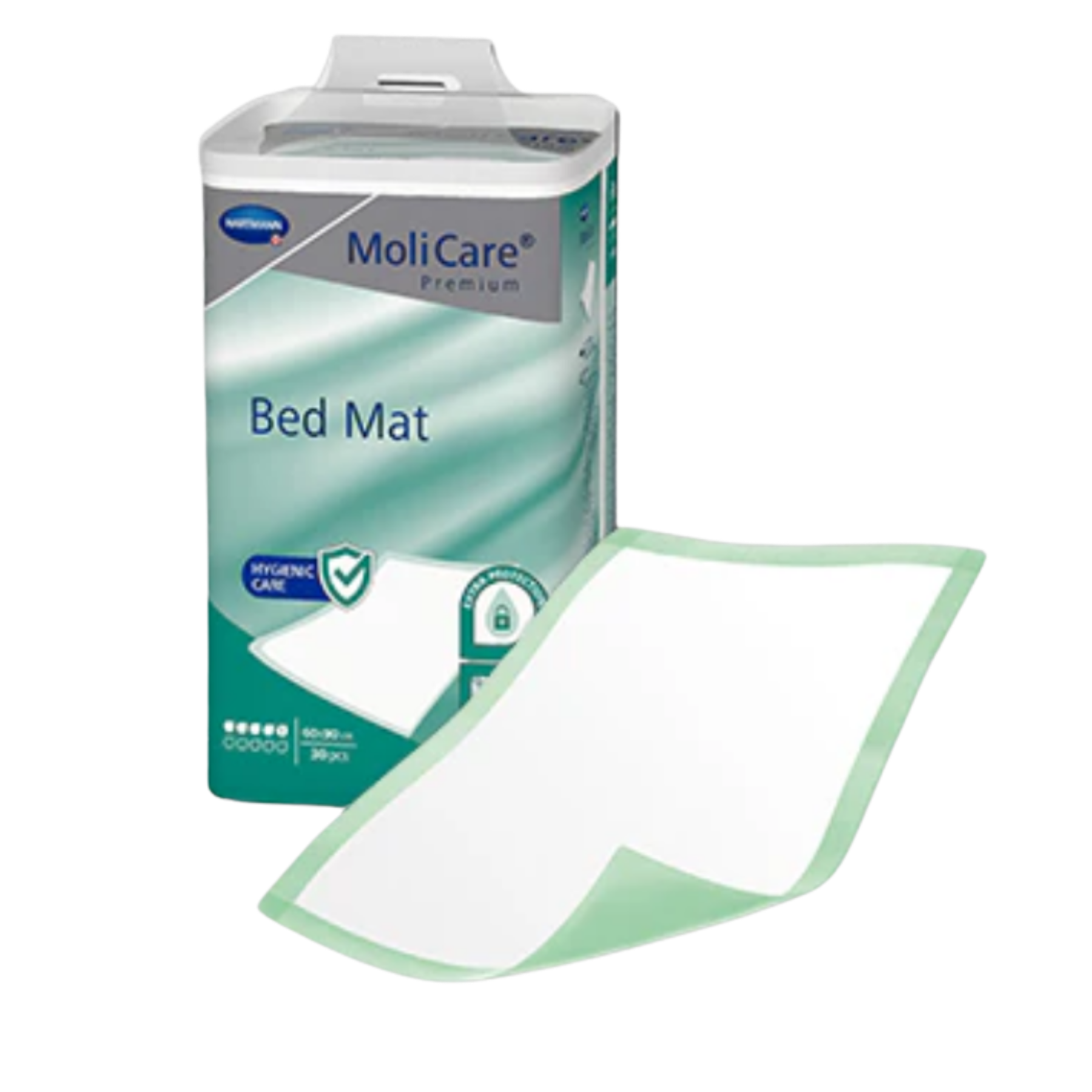 An unfolded view of the MoliCare 60x90 cm bed mat, showing the quilted absorbent core and non-slip waterproof backsheet.