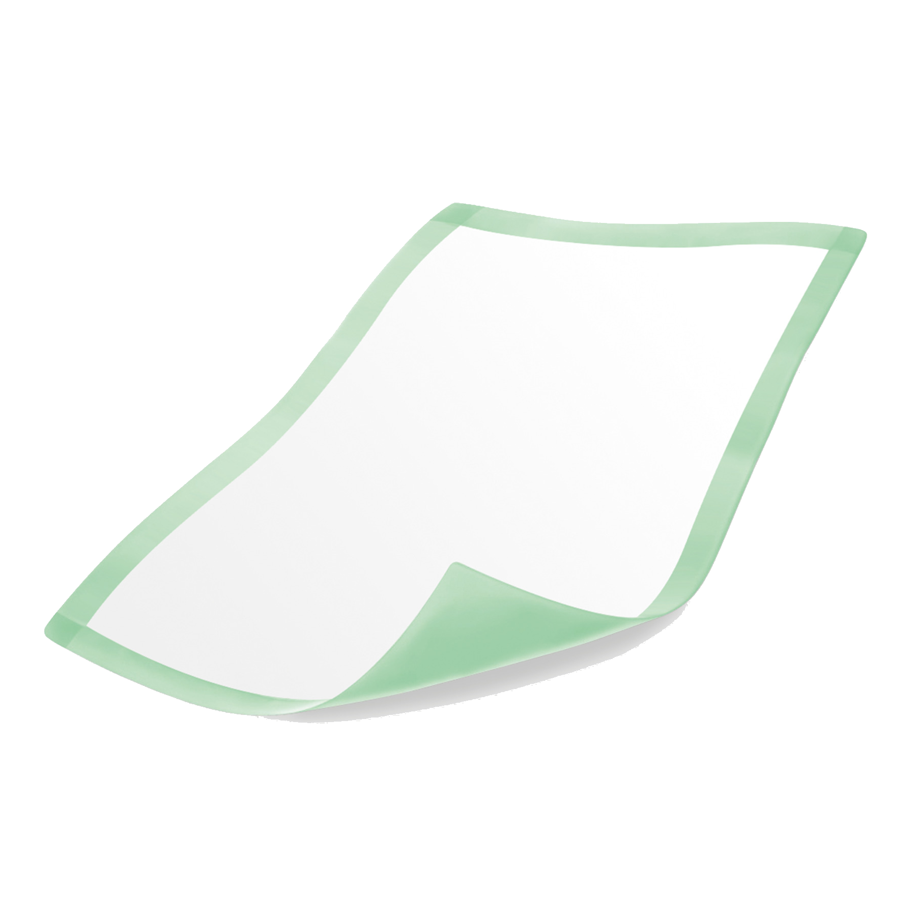 Close-up view of a single unfolded MoliCare Premium bed mat showing the absorbent white surface and green waterproof backing.