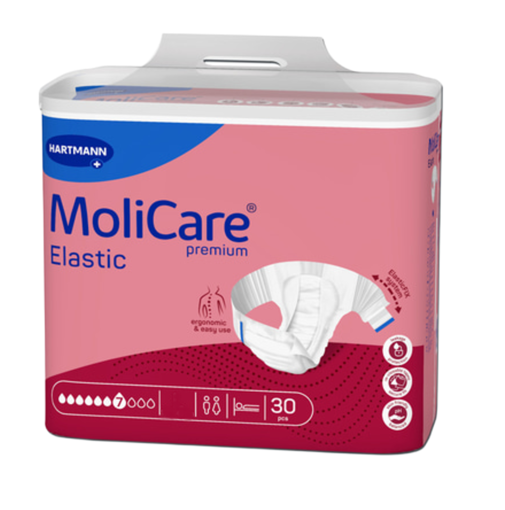 Pink packaging for MoliCare Premium Elastic adult diapers, 7-drop high absorbency, 30 pieces, featuring the ElasticFix system for ergonomic use.