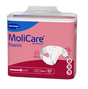 Pink packaging for MoliCare Premium Elastic adult diapers, 7-drop high absorbency, 30 pieces, featuring the ElasticFix system for ergonomic use.