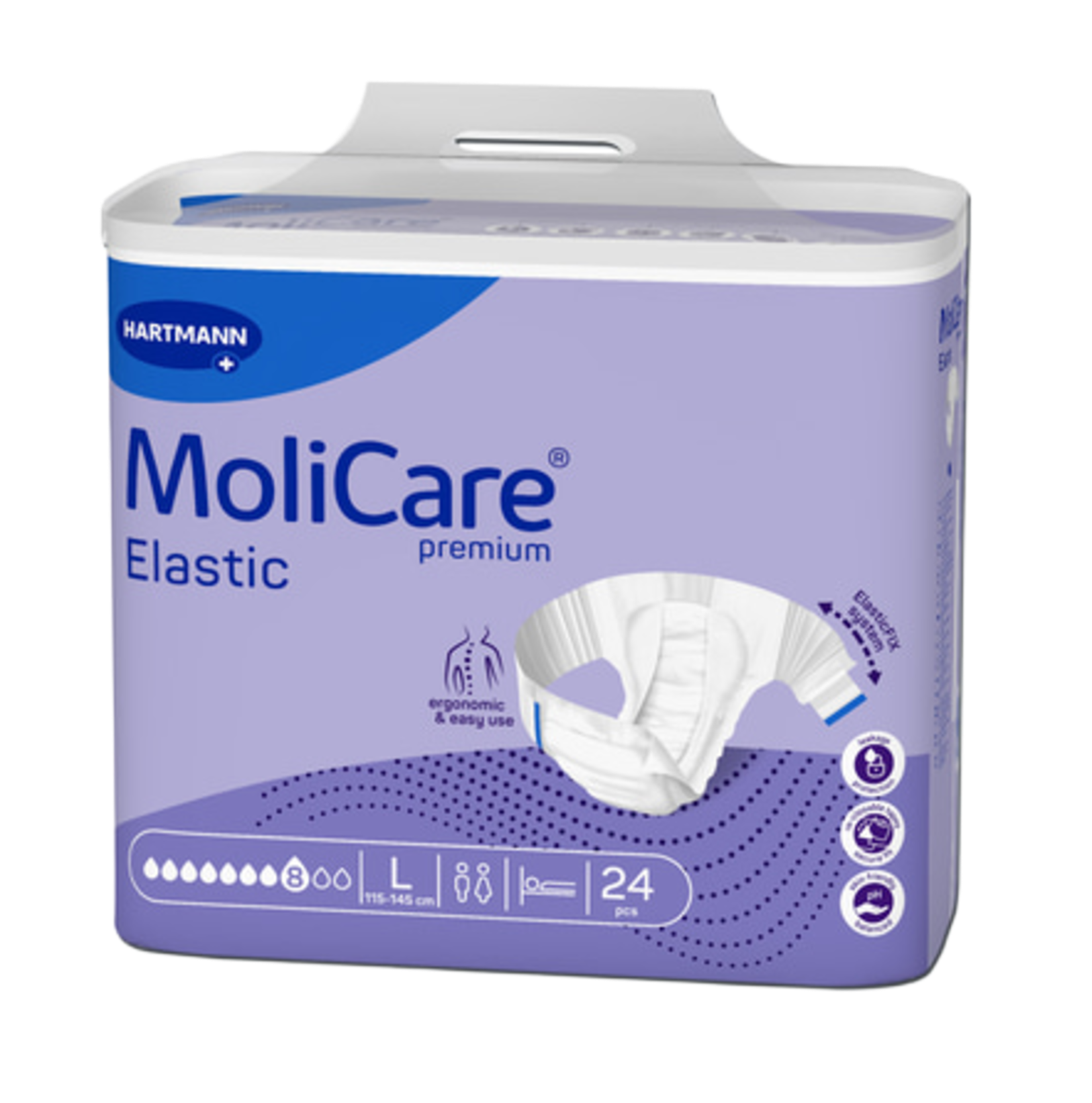Purple packaging of MoliCare Premium Elastic adult diapers, 8-drop maximum absorbency, size Large (115-145cm), 24 pieces.