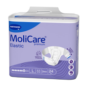 Purple packaging of MoliCare Premium Elastic adult diapers, 8-drop maximum absorbency, size Large (115-145cm), 24 pieces.