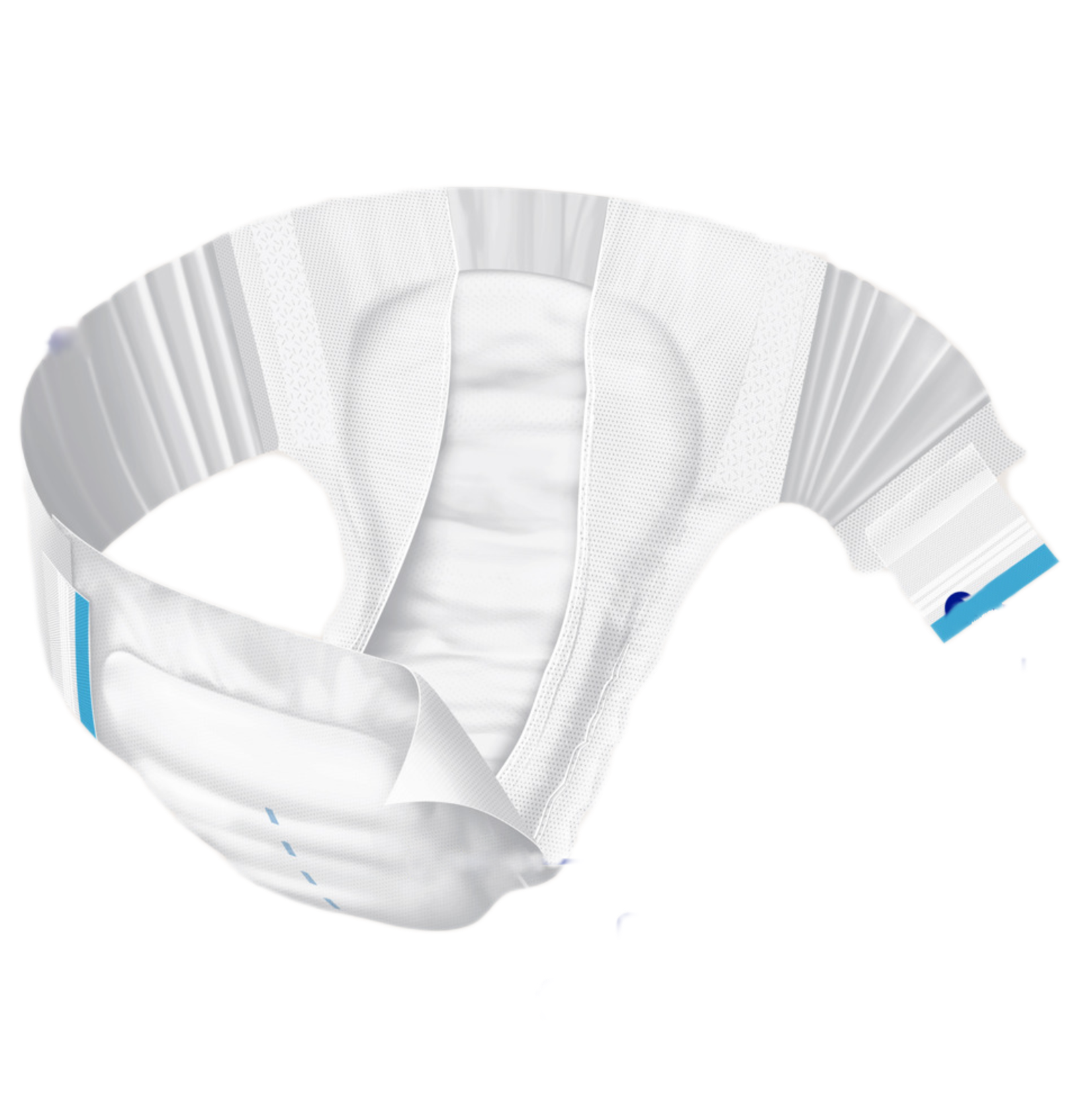 Technical product view of a single MoliCare Premium Elastic diaper showing the wide absorbent core and stretchable side panels.