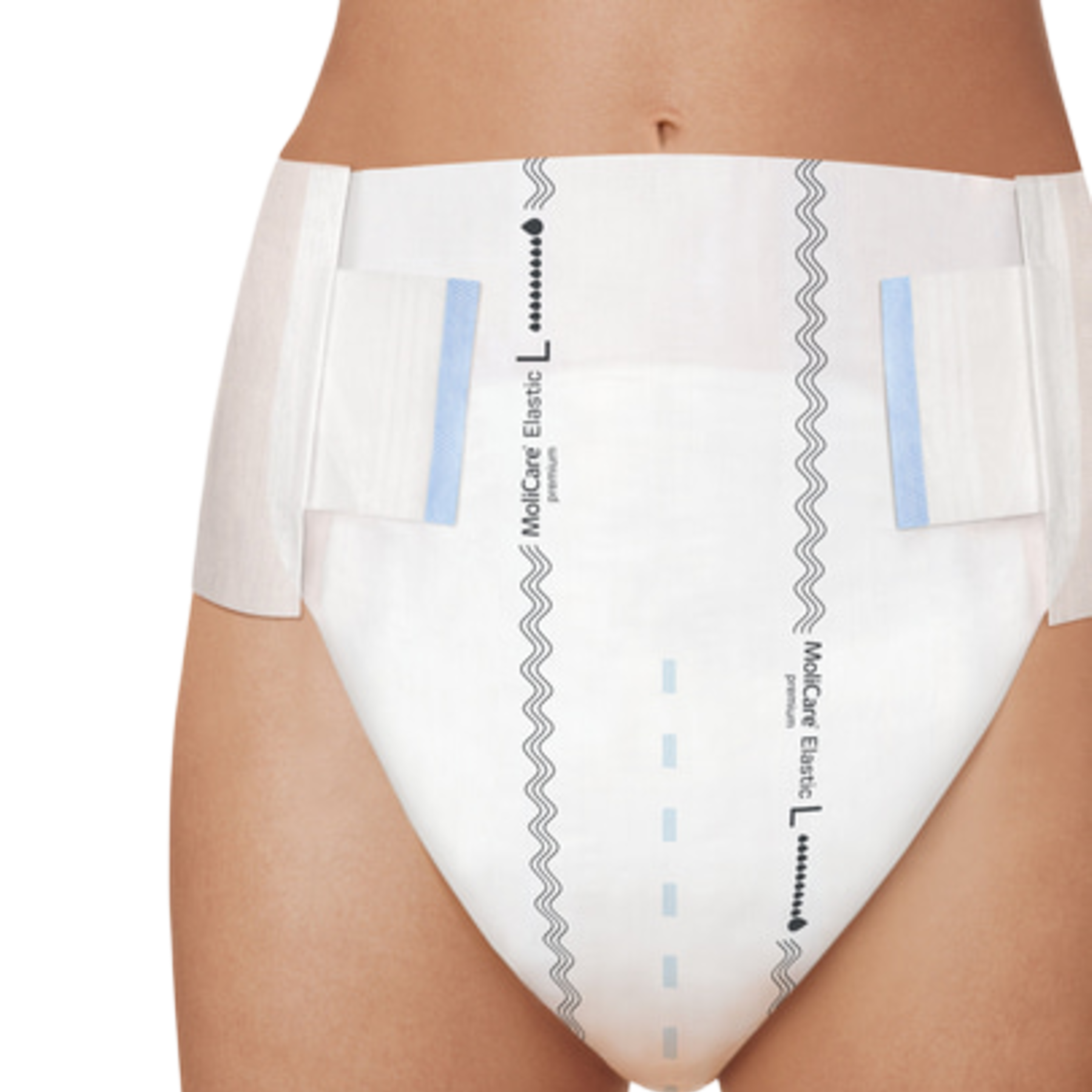 Close-up of MoliCare Premium Elastic briefs being worn, demonstrating the adjustable fit, high waistband, and elastic side fastening system.