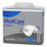 Product packaging for MoliCare Premium Elastic size Large briefs, indicating 10-drop protection suitable for day and night use.