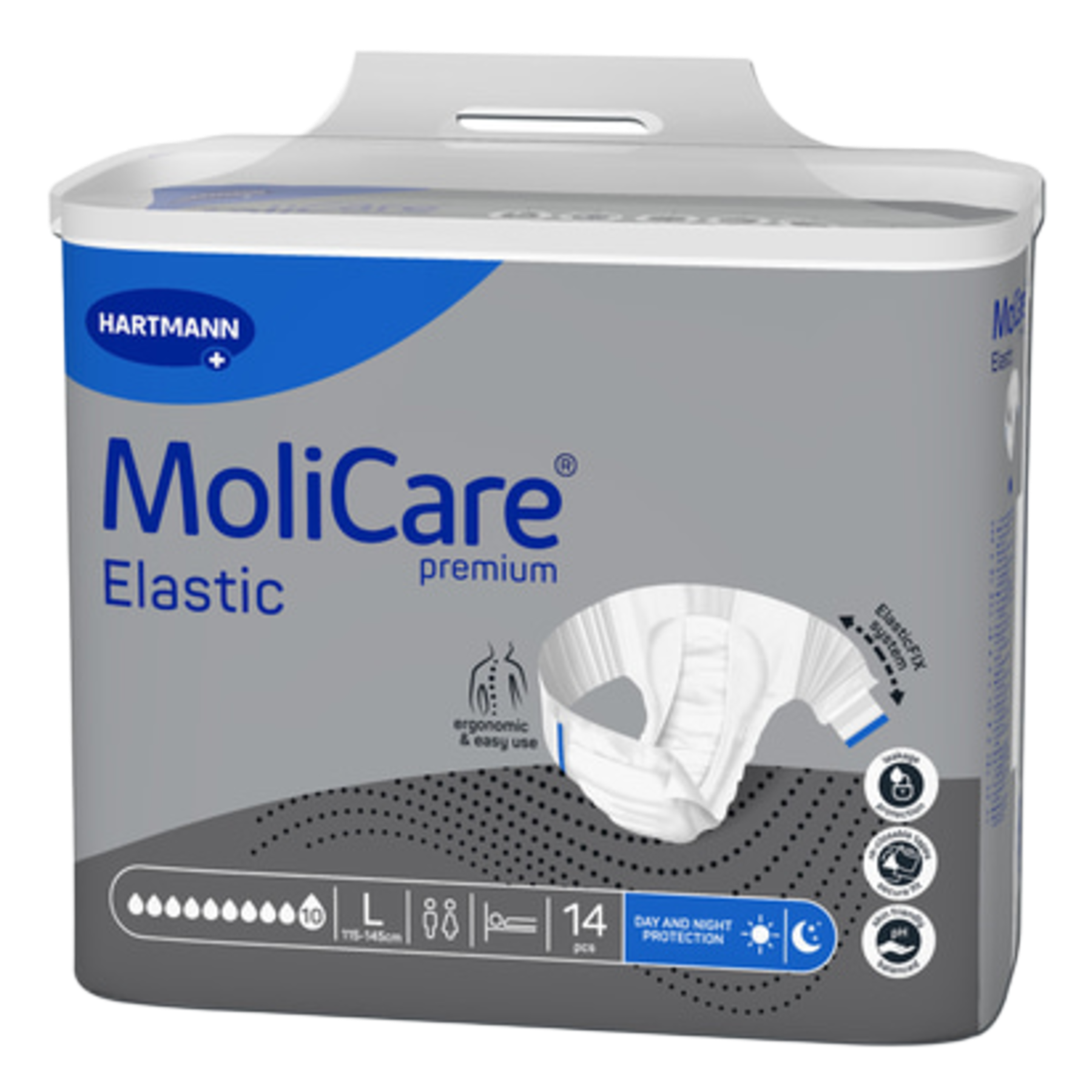 Product packaging for MoliCare Premium Elastic size Large briefs, indicating 10-drop protection suitable for day and night use.