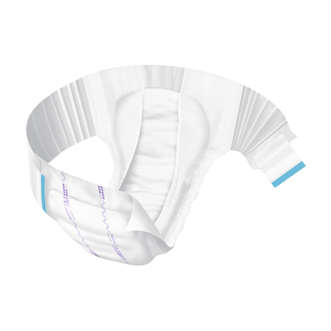 Product view of a MoliCare Premium Elastic diaper featuring purple indicators for size Medium and high-absorbency 8-drop core.