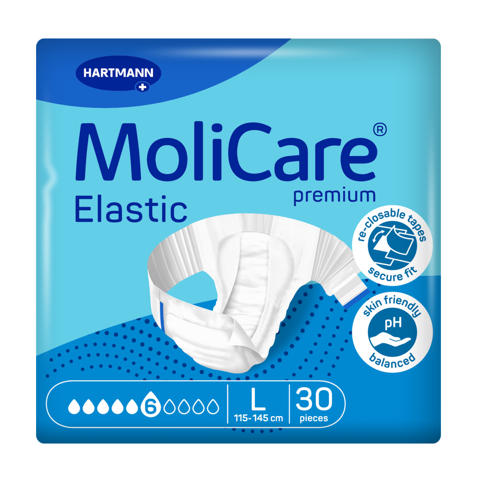 Front packaging of MoliCare Premium Elastic adult diapers, Size Large (115-145cm), 6-drop absorbency, 30 pieces.