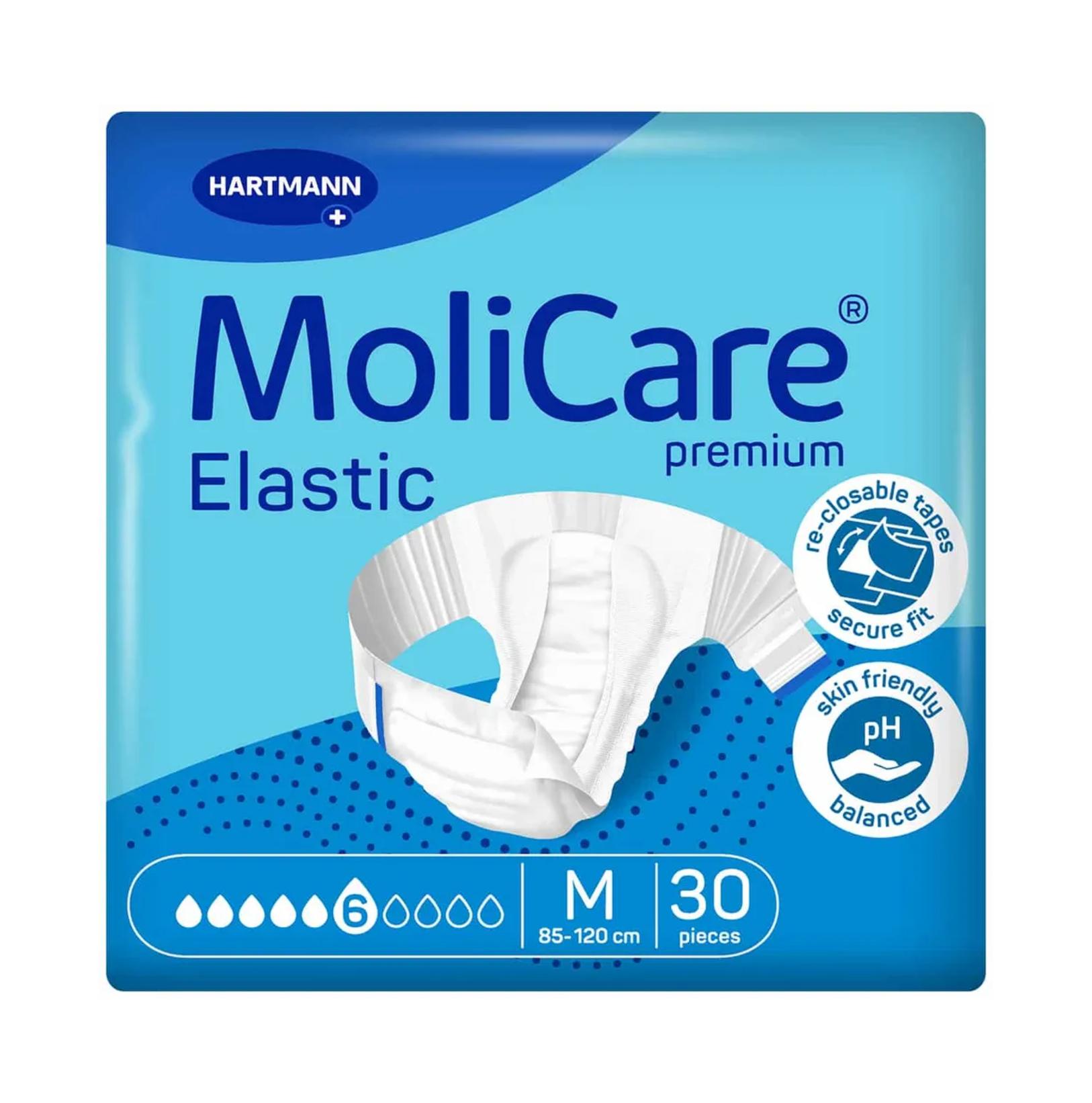 Front packaging of MoliCare Premium Elastic adult diapers, Size Medium (85-120cm), 6-drop absorbency, 30 pieces.