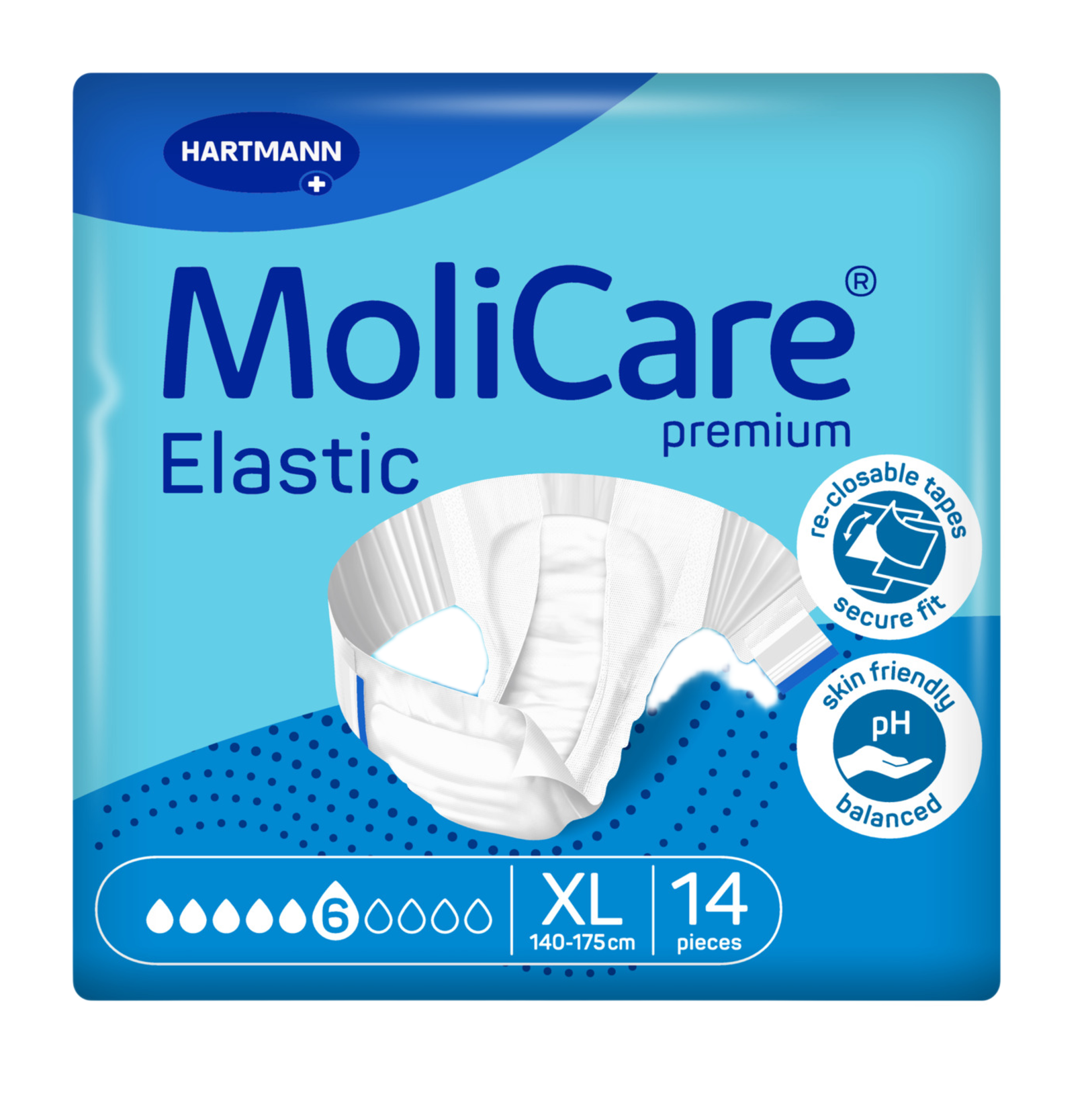 Front packaging of HARTMANN MoliCare Premium Elastic adult diapers, Size Extra Large (140-175cm), 6-drop absorbency, 14 pieces.