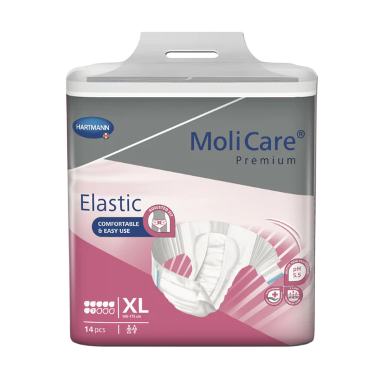 Alternate packaging for MoliCare Premium Elastic size XL (140-175cm), 14 pieces, featuring a grey and pink design and pH 5.5 protection badge.