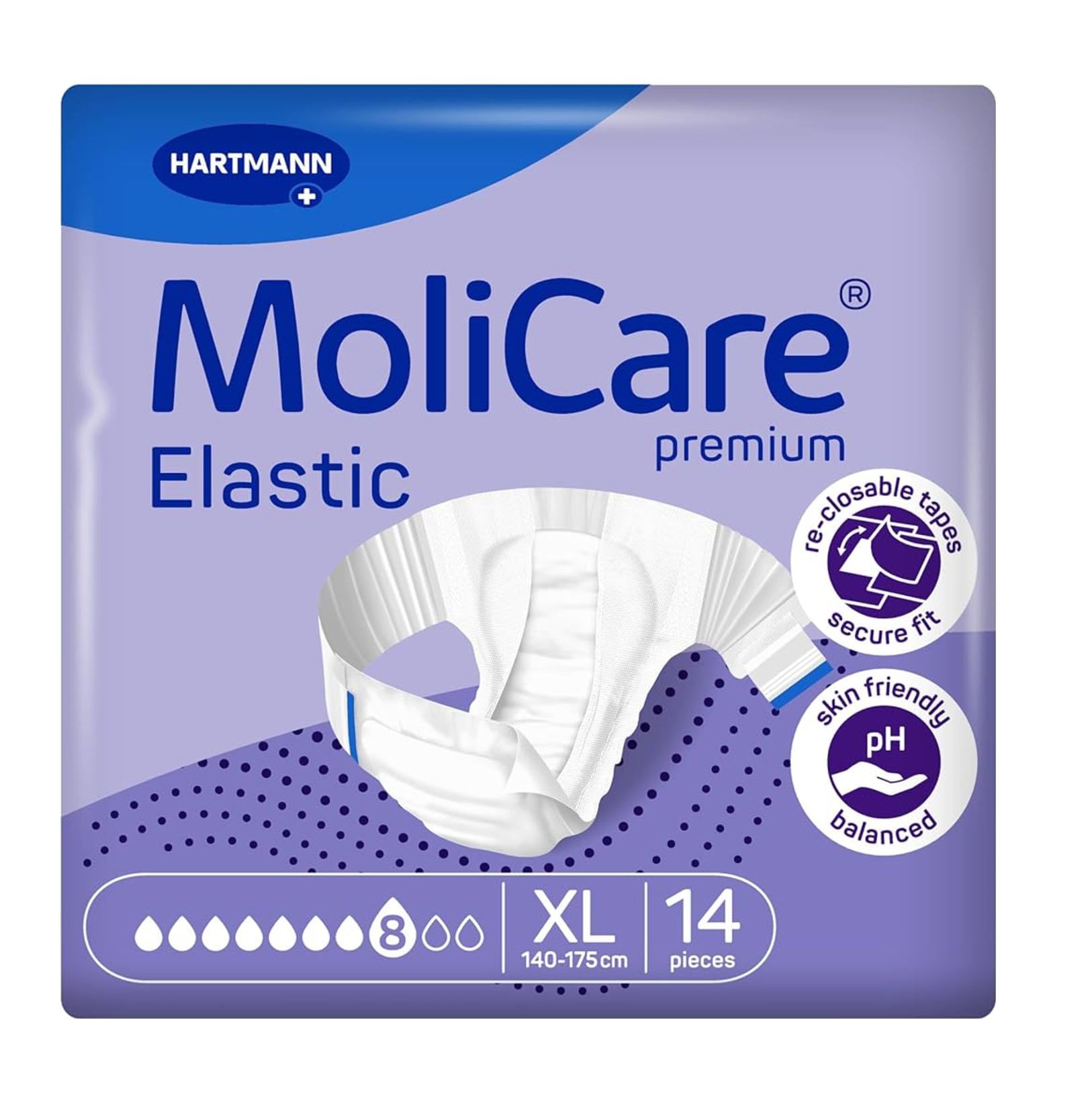 Front packaging of HARTMANN MoliCare Premium Elastic adult diapers, Size XL (140-175cm), 8-drop high absorbency, 14 pieces.