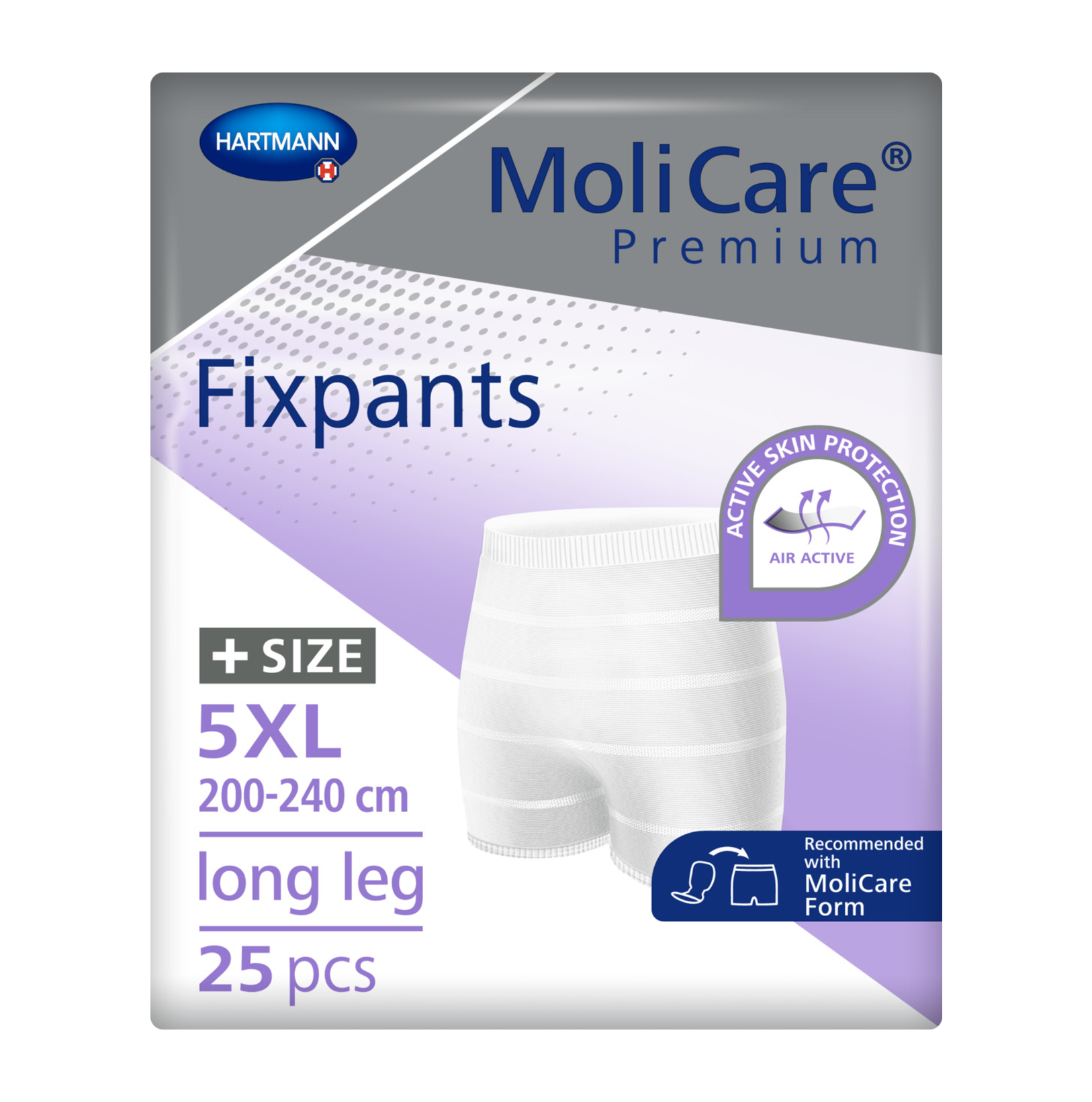 Front view of Hartmann MoliCare Premium Fixpants packaging for size 5XL, showing a 200-240 cm waist range, long leg design, and 25-piece count.