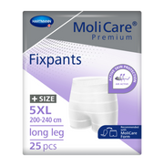 Front view of Hartmann MoliCare Premium Fixpants packaging for size 5XL, showing a 200-240 cm waist range, long leg design, and 25-piece count.