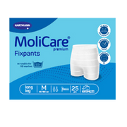 Front packaging of MoliCare Premium FixPants Long Leg, Size Medium (waist 80-120 cm), blue color-coded waistband identification.