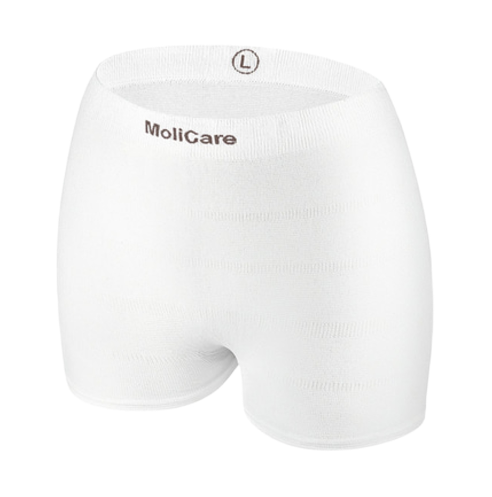 A studio shot of the white MoliCare Premium Fixpants mesh underwear featuring a soft elastic waistband, long leg cut, and the MoliCare brand name printed on the front.