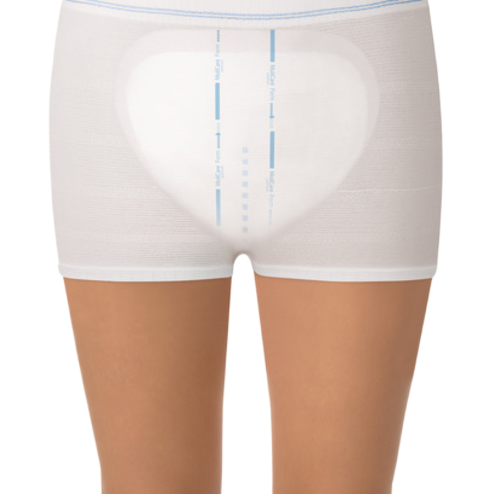 Close-up demonstration of a person wearing white MoliCare Premium Fixpants with a blue-striped waistband, securely holding a MoliCare Form incontinence pad in place.